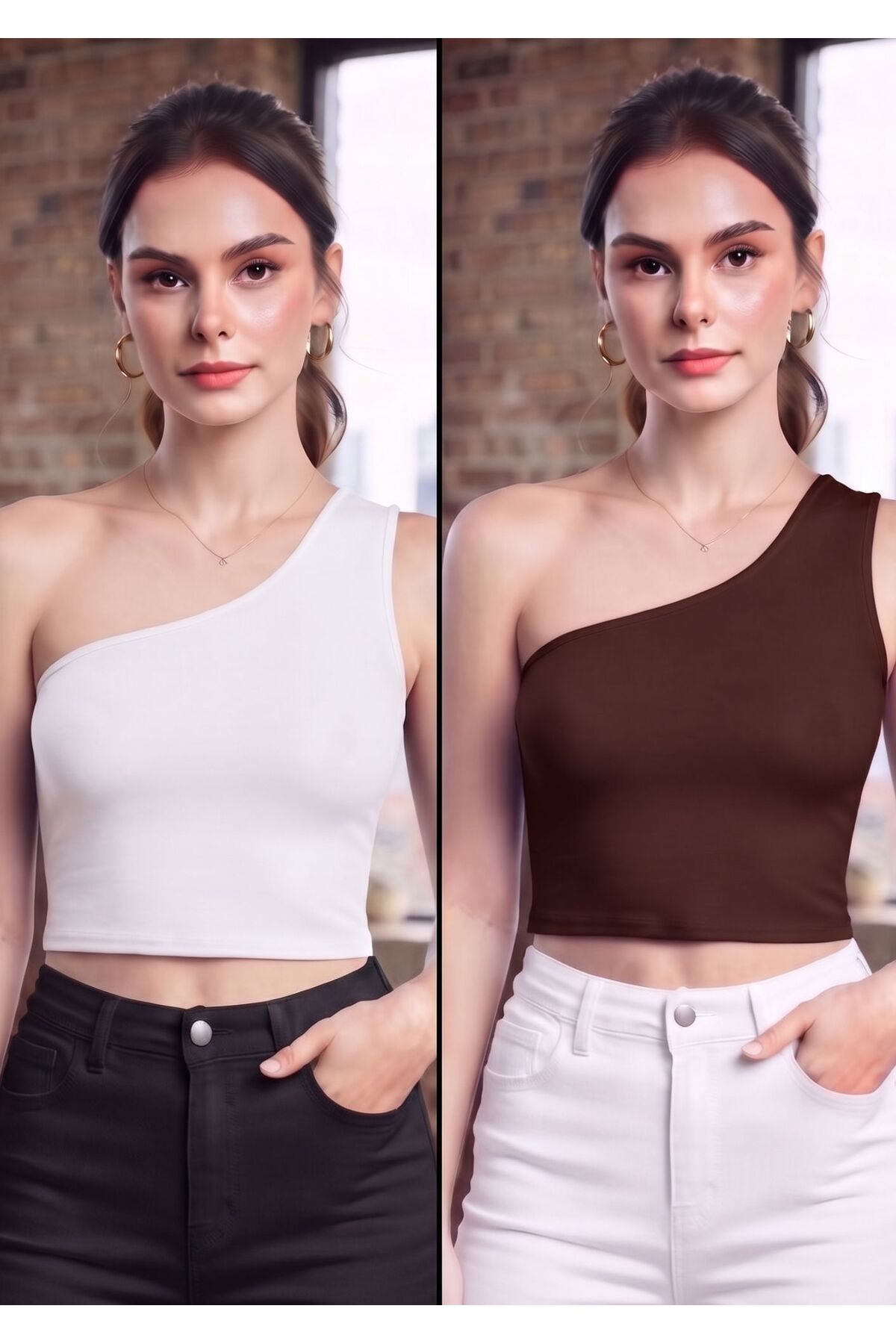 Kadın Kahverengi-Ekru Tek Omuz Dalgıç Büstiyer Crop Esnek ve Şık Tasarım