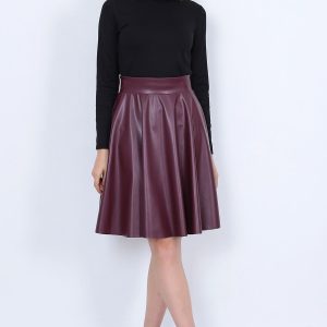 Kadın Bordo Kloş Suni Deri Etek Faux Leather