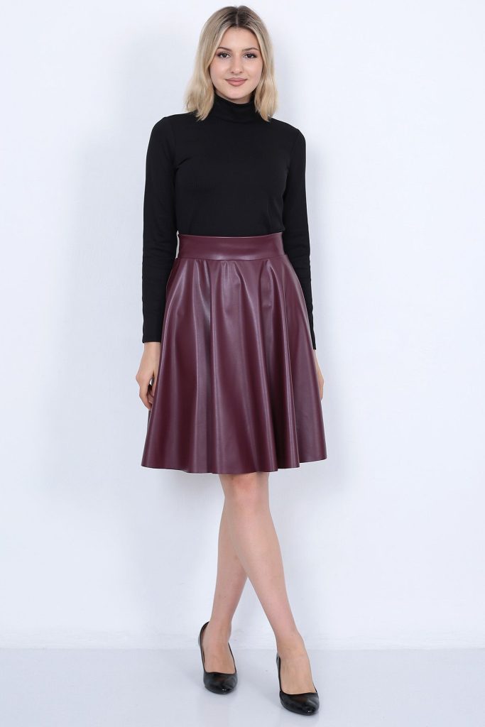 Kadın Bordo Kloş Suni Deri Etek Faux Leather