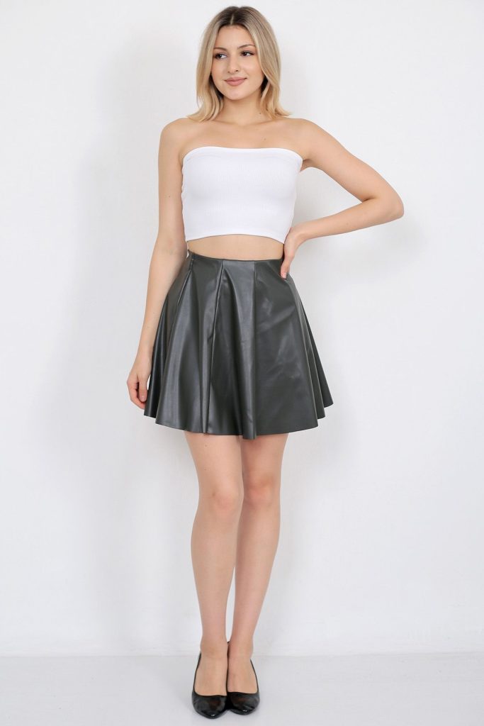 Kadın Haki Suni Deri 8 Parça Mini Kloş Etek Faux Leather