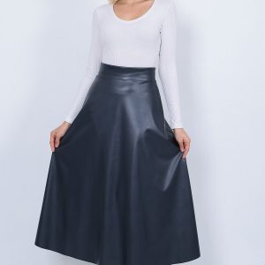 Kadın Suni Deri Lacivert Uzun Tesettür Kloş Mevlana Etek Faux Leather