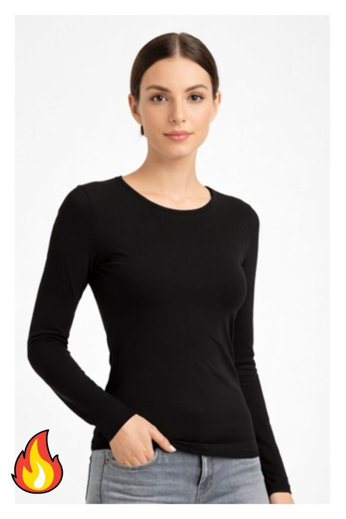 Kadın Siyah Uzun Kollu Şardonlu Termal Bisiklet Yaka Body Esnek Basic  Bluz