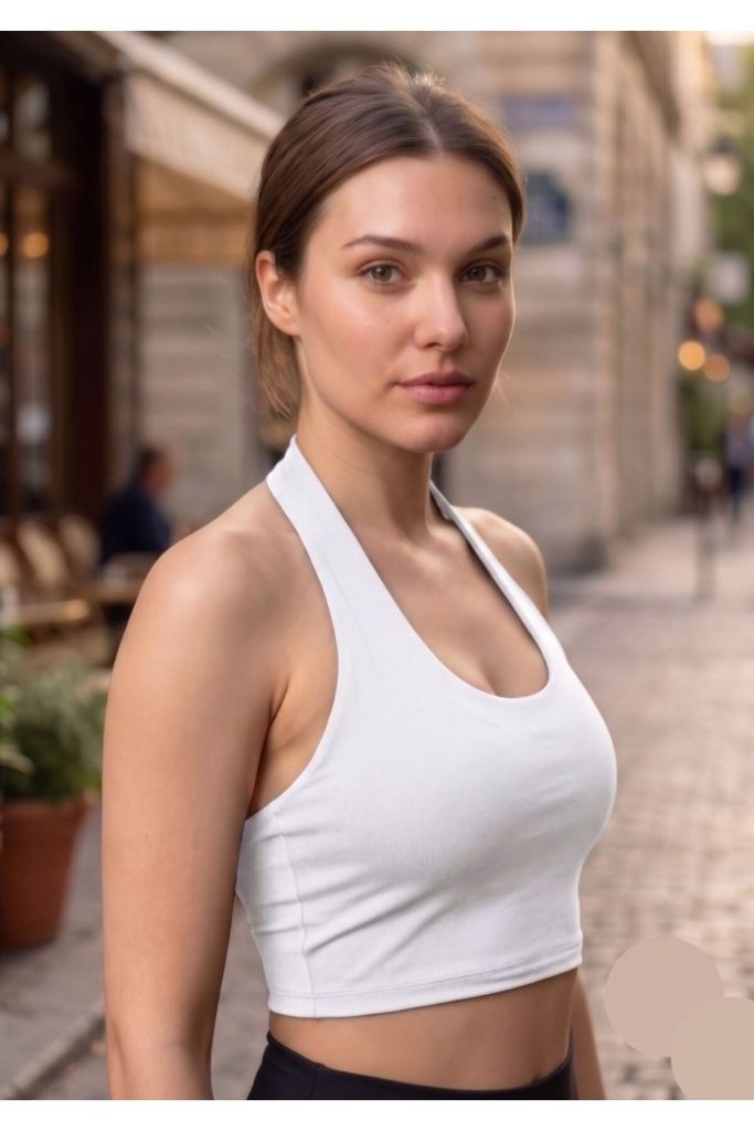 Kadın Ekru Halter Yaka Dalgıç Kumaş Sırt Dekolteli Crop Top