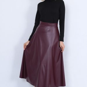Kadın Suni Deri Bordo Uzun Kloş Mevlana Etek Faux Leather