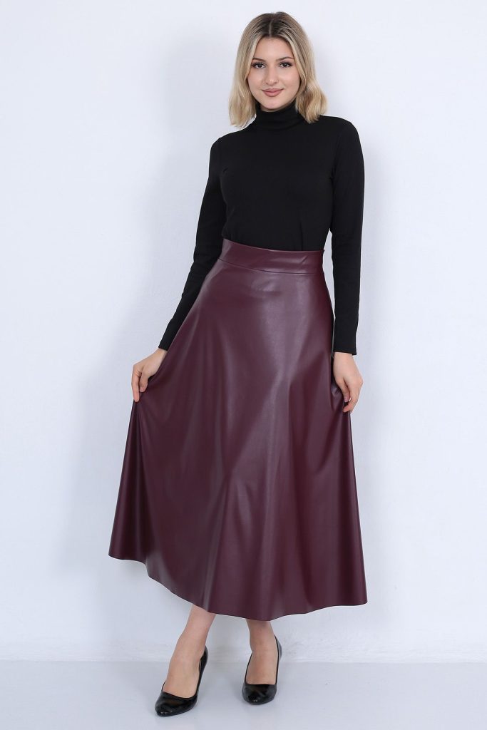 Kadın Suni Deri Bordo Uzun Kloş Mevlana Etek Faux Leather