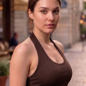 Kadın Kahverengi Halter Yaka Dalgıç Kumaş Sırt Dekolteli Crop Top