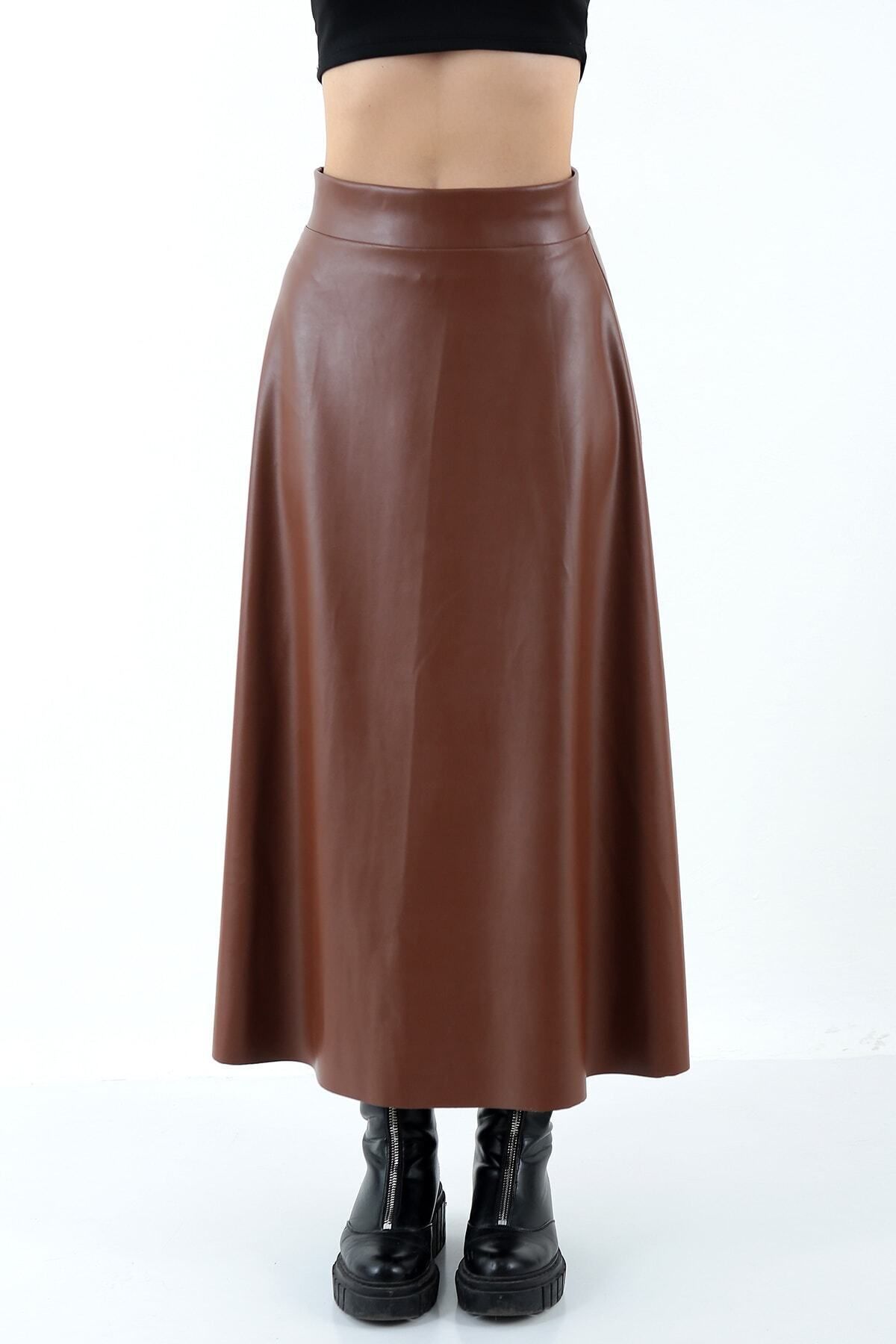 Kadın Suni Deri Taba Uzun Kloş Mevlana Tesettür Etek Faux Leather