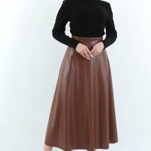 Kadın Suni Deri Taba Uzun Kloş Mevlana Tesettür Etek Faux Leather
