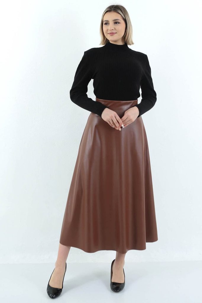 Kadın Suni Deri Taba Uzun Kloş Mevlana Tesettür Etek Faux Leather