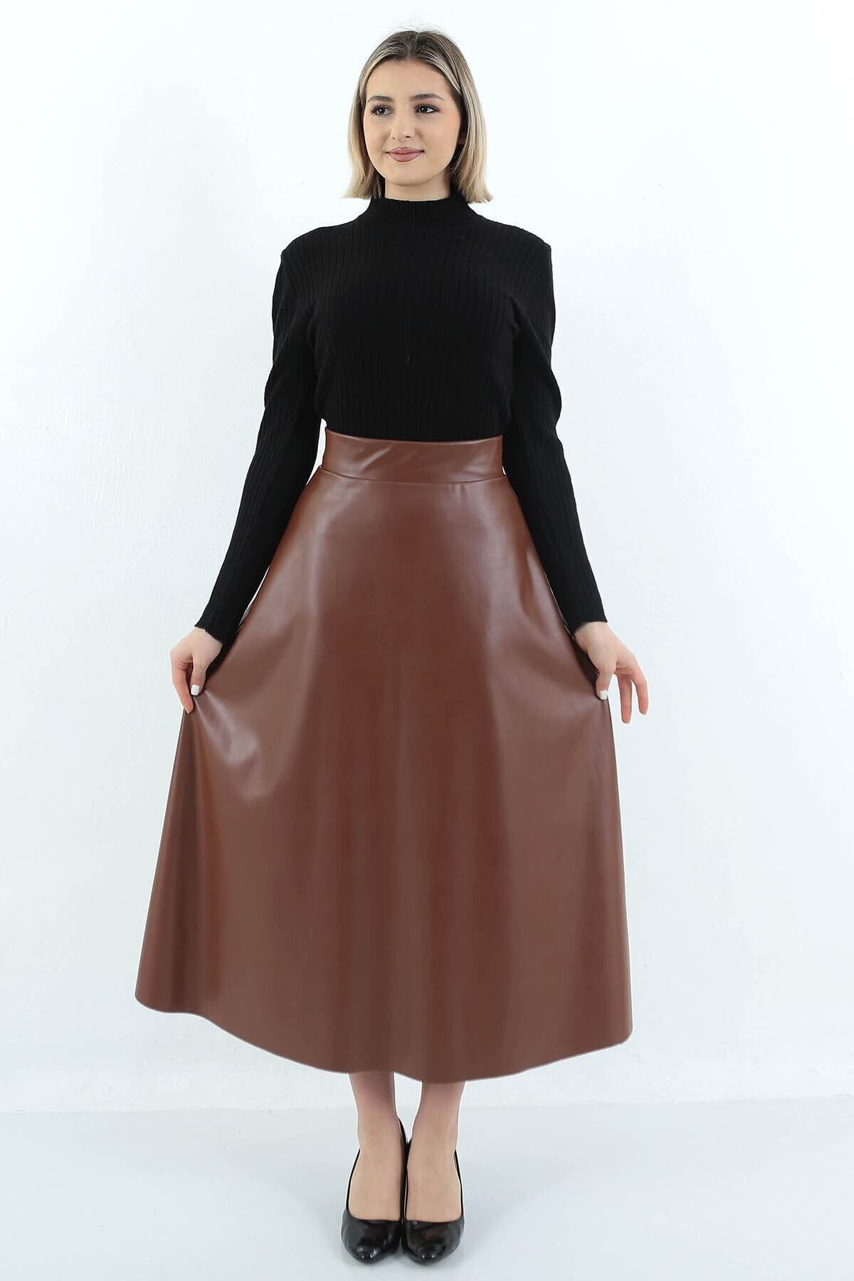 Kadın Suni Deri Taba Uzun Kloş Mevlana Tesettür Etek Faux Leather