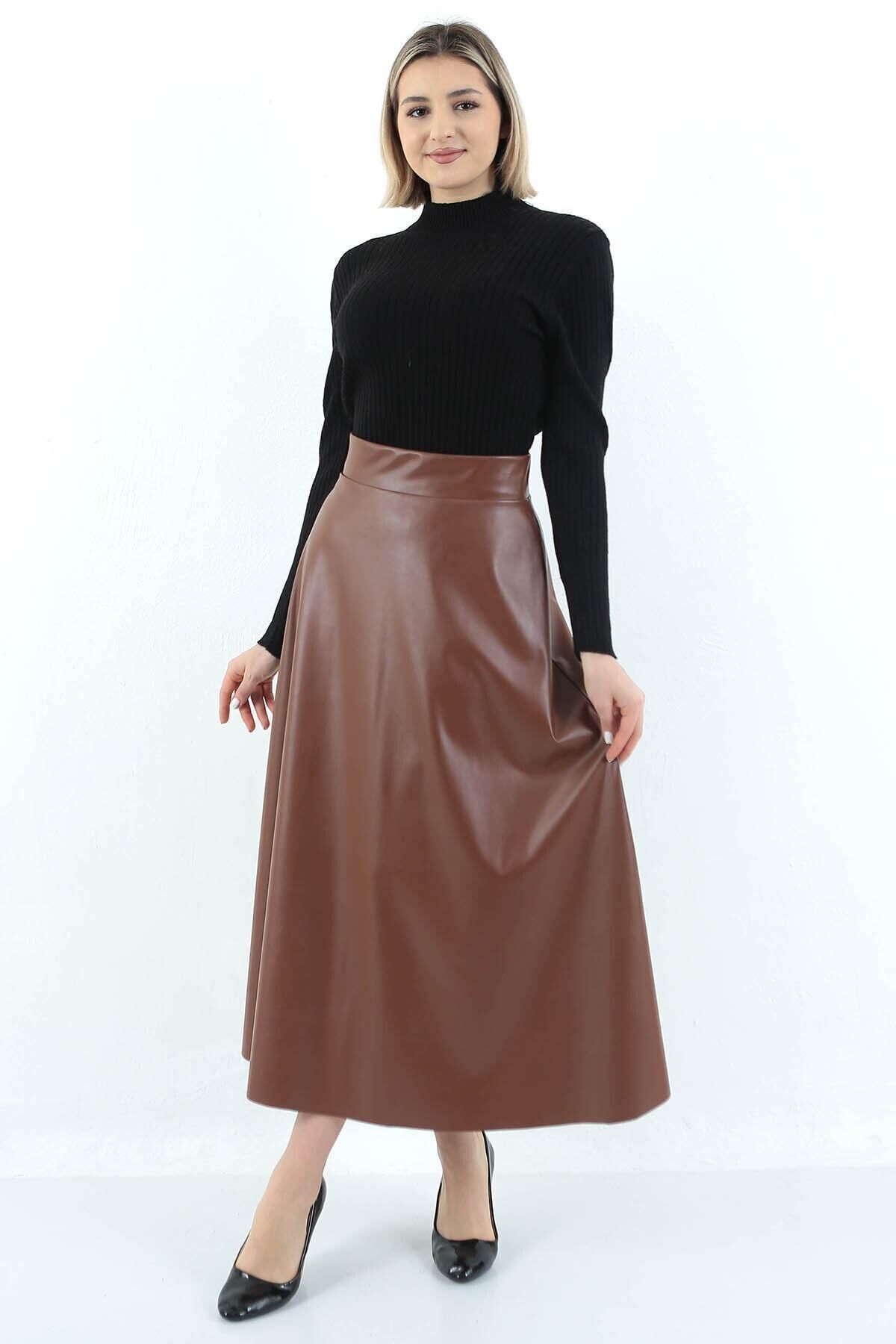 Kadın Suni Deri Taba Uzun Kloş Mevlana Tesettür Etek Faux Leather