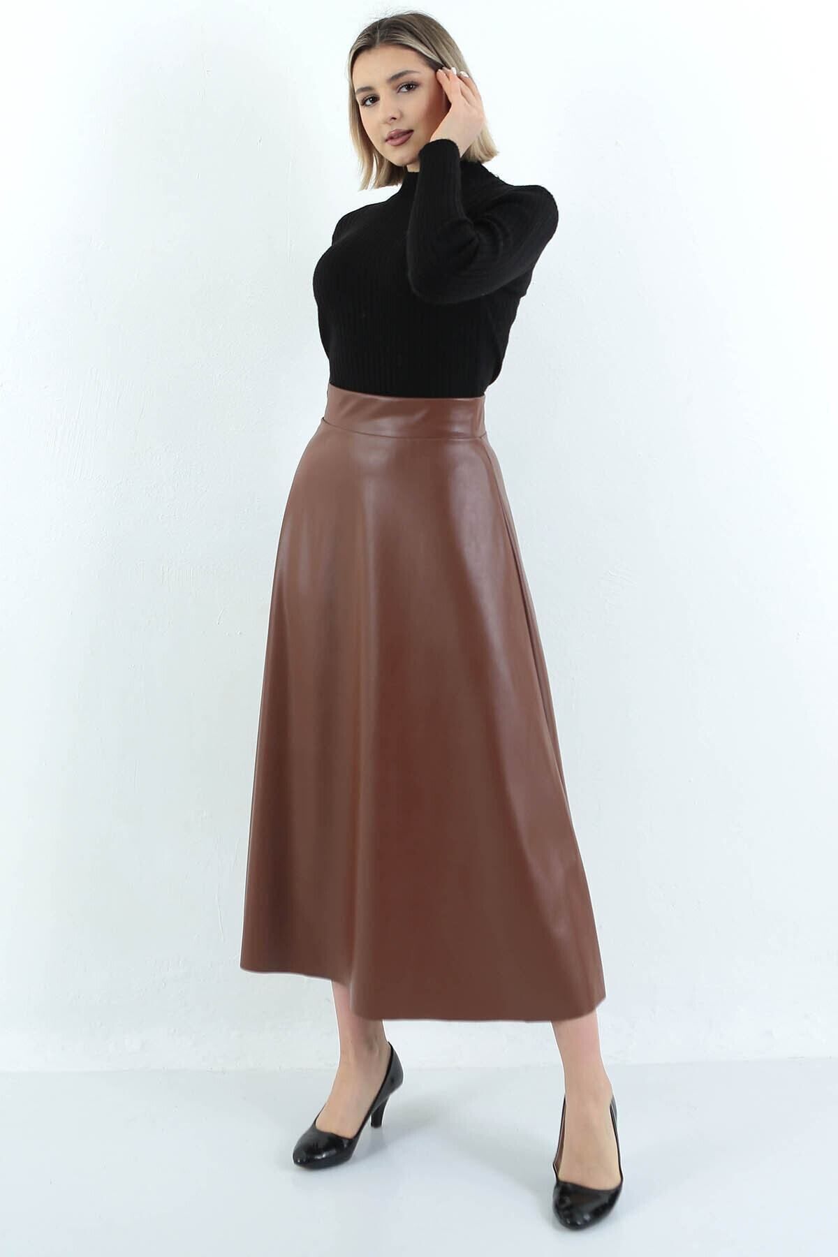 Kadın Suni Deri Taba Uzun Kloş Mevlana Tesettür Etek Faux Leather