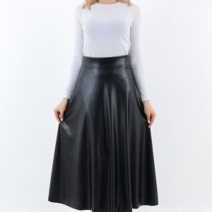 Kadın Suni Deri Siyah Uzun Tesettür Kloş Mevlana Etek Faux Leather