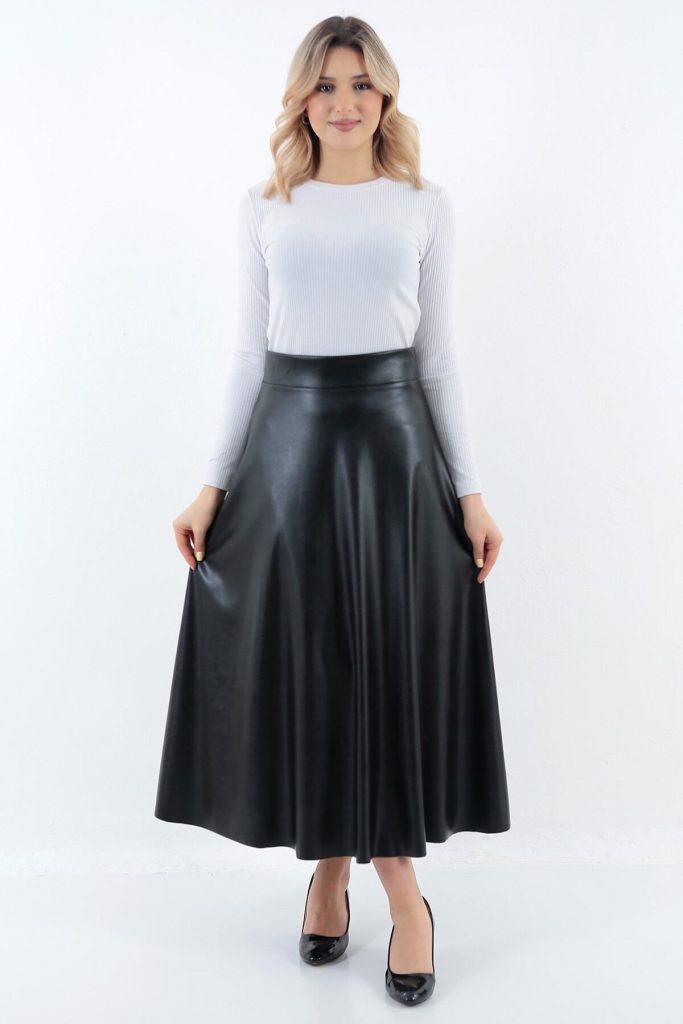 Kadın Suni Deri Siyah Uzun Tesettür Kloş Mevlana Etek Faux Leather