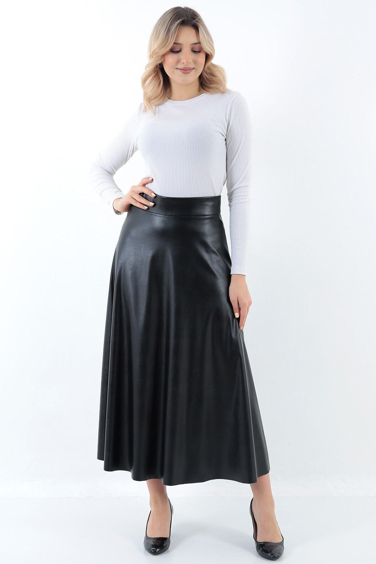 Kadın Suni Deri Siyah Uzun Tesettür Kloş Mevlana Etek Faux Leather