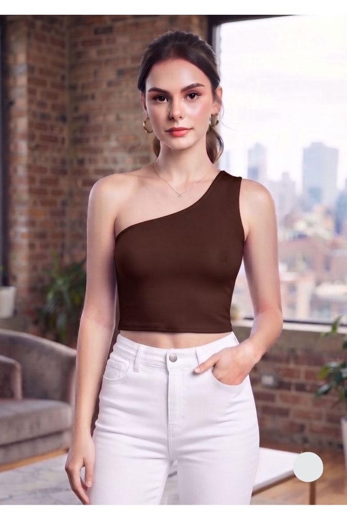 Kadın Kahverengi Tek Omuz Dalgıç Büstiyer Crop Esnek ve Şık Tasarım