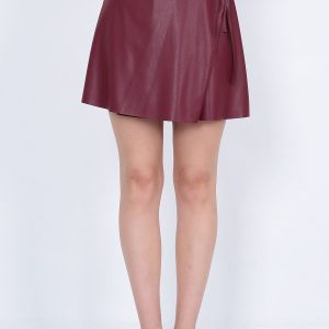 Kadın Bordo Kruvaze Belden Bağlamalı Şardonlu Suni Deri Mini Etek Faux Leather Son Bahar Kış Modeli
