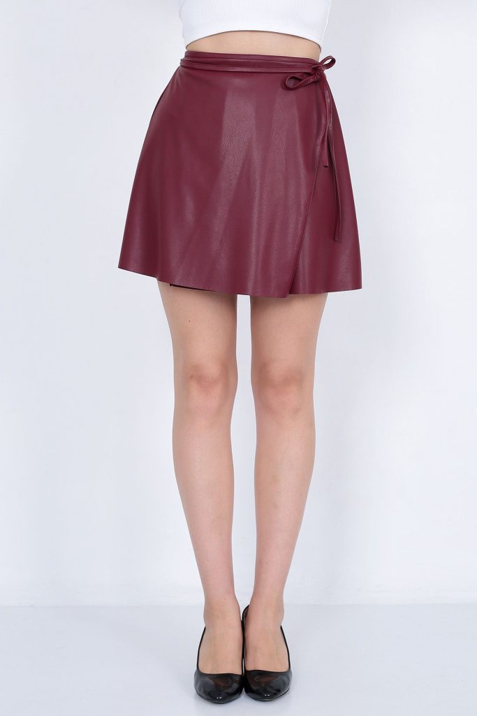 Kadın Bordo Kruvaze Belden Bağlamalı Şardonlu Suni Deri Mini Etek Faux Leather Son Bahar Kış Modeli