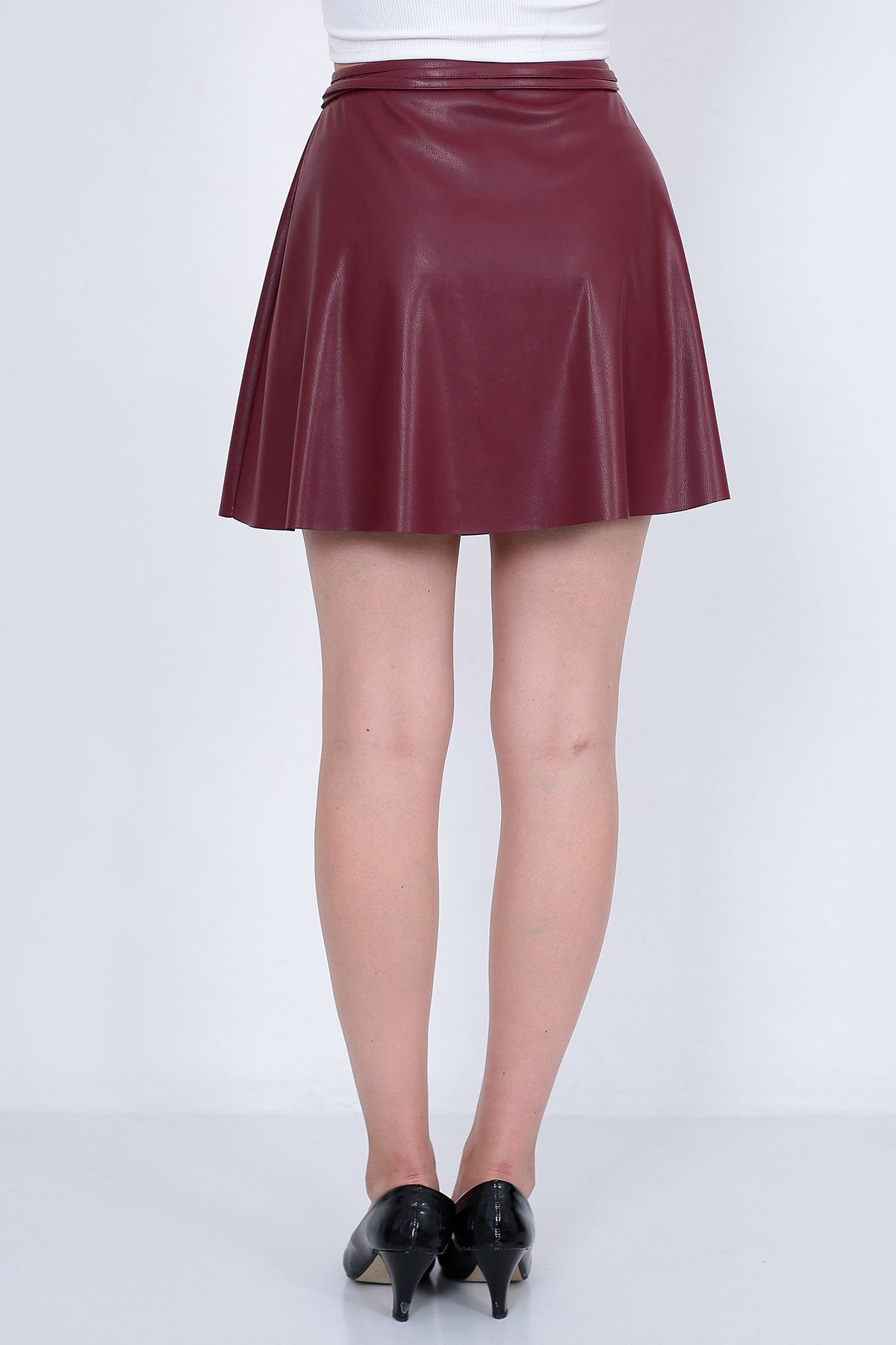 Kadın Bordo Kruvaze Belden Bağlamalı Şardonlu Suni Deri Mini Etek Faux Leather Son Bahar Kış Modeli
