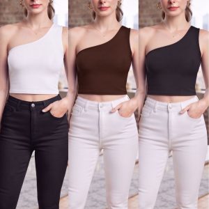 Kadın Siyah-Kahve-Ekru Tek Omuz Dalgıç Büstiyer Crop Esnek ve Şık Tasarım