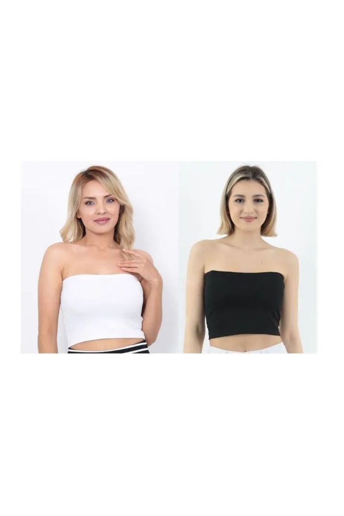 Kadın Siyah-Beyaz 2'Li Paket Fitilli Straplez Crop Büstiyer Günlük & Şık Üst Esnek Kumaş