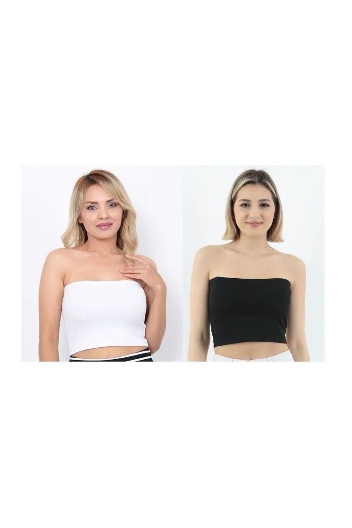 Kadın Siyah-Beyaz 2’Li Paket Fitilli Straplez Crop Büstiyer Günlük & Şık Üst Esnek Kumaş