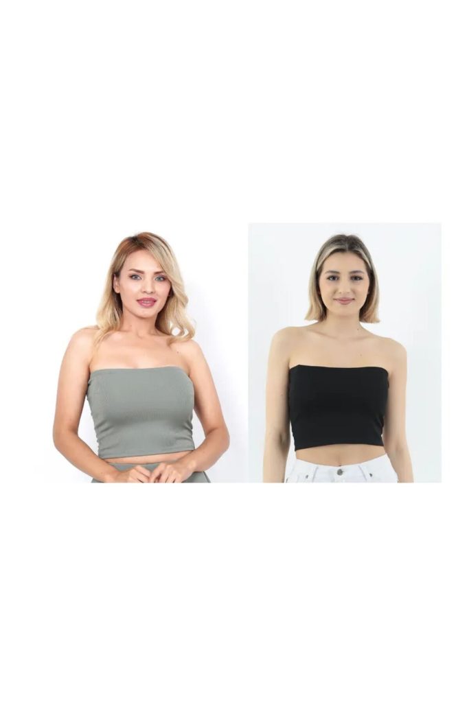 Kadın Haki-Siyah 2'Li Paket Fitilli Straplez Crop Büstiyer Günlük & Şık Üst Esnek Kumaş
