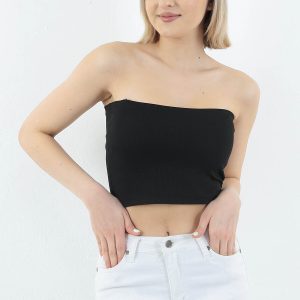 Kadın Siyah Fitilli Straplez Crop Büstiyer Günlük & Şık Üst Esnek Kumaş