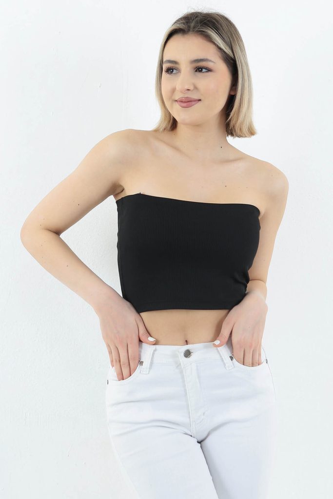 Kadın Siyah Fitilli Straplez Crop Büstiyer Günlük & Şık Üst Esnek Kumaş