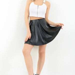 Kadın Siyah Suni Deri 8 Parça Mini Kloş Etek Faux Leather