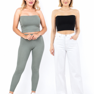 Kadın Haki-Siyah 2'Li Paket Fitilli Straplez Crop Büstiyer Günlük & Şık Üst Esnek Kumaş