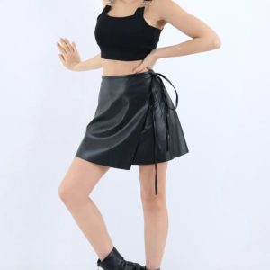 Kadın Siyah Kruvaze Belden Bağlamalı Suni Deri Mini Etek Faux Leather Son Bahar Kış Modeli