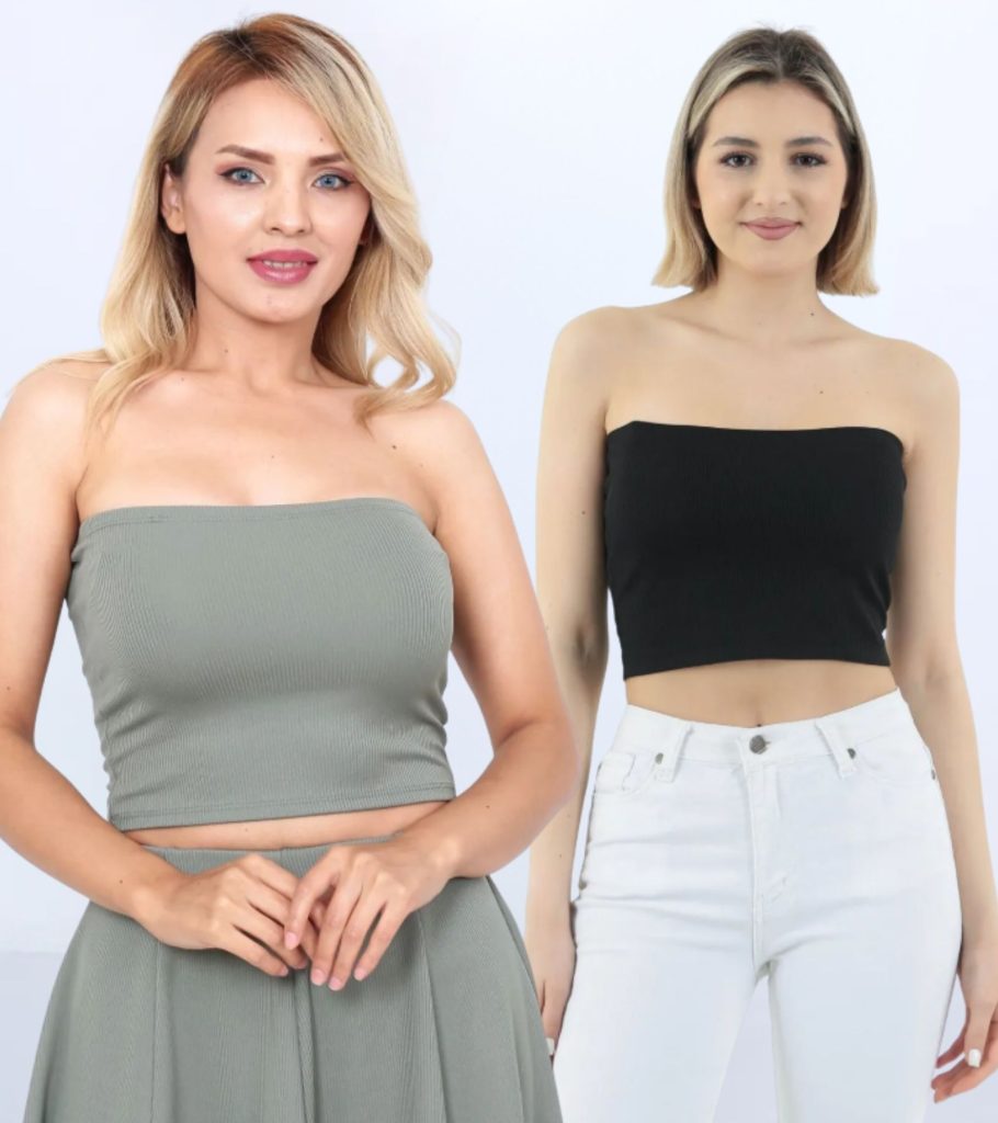 Kadın Haki-Siyah Straplez Büstiyer Crop