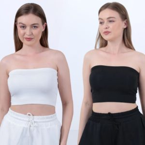 Kadın Siyah-Ekru Straplez Büstiyer Crop