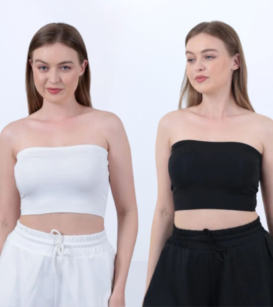 Kadın Siyah-Ekru Straplez Büstiyer Crop